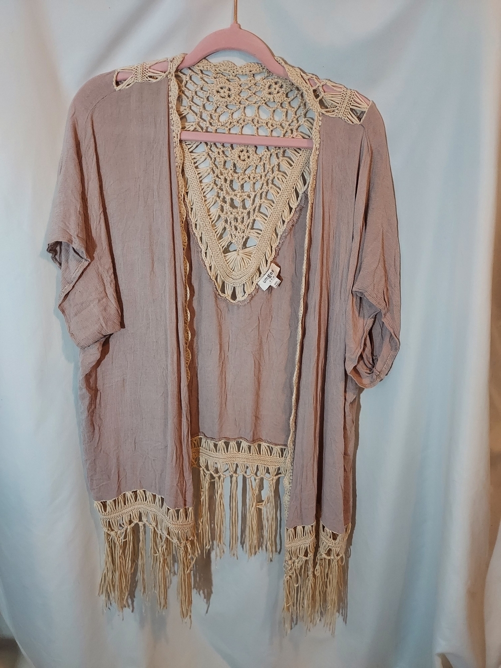 Umgee Boho Crochet Lace Back Fringe Kimono Cardigan M/L